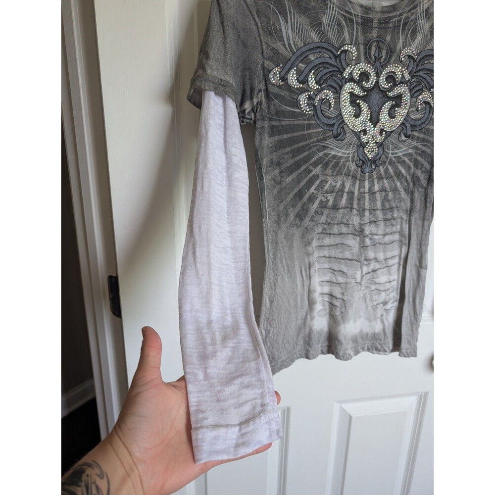 SINFUL AFFLICTION Y2K 00s Wing Bling Long Sleeve Shirt Layered Crest Biker - Picture 3 of 9